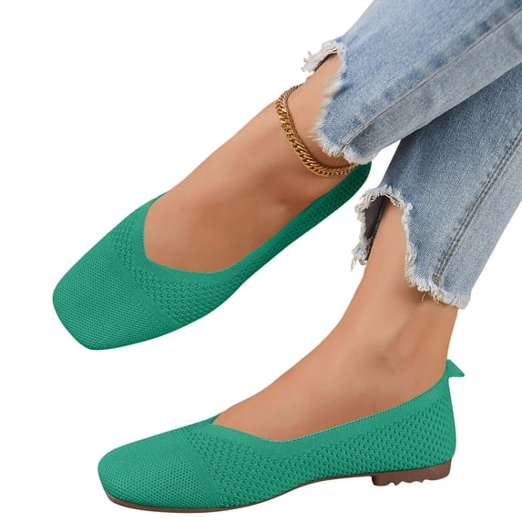 UDAUDU Women's Knit Ballet Flats Breathable Slip On Shoes Square Toe Business Casual Flats Comfortable Dressy Walking Shoes Green 7 Wide