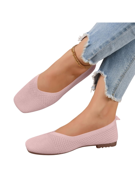 Women's Knit Ballet Flats Breathable Slip On Shoes Square Toe Business Casual Flats Comfortable Dressy Walking Shoes Pink 8.5 Wide