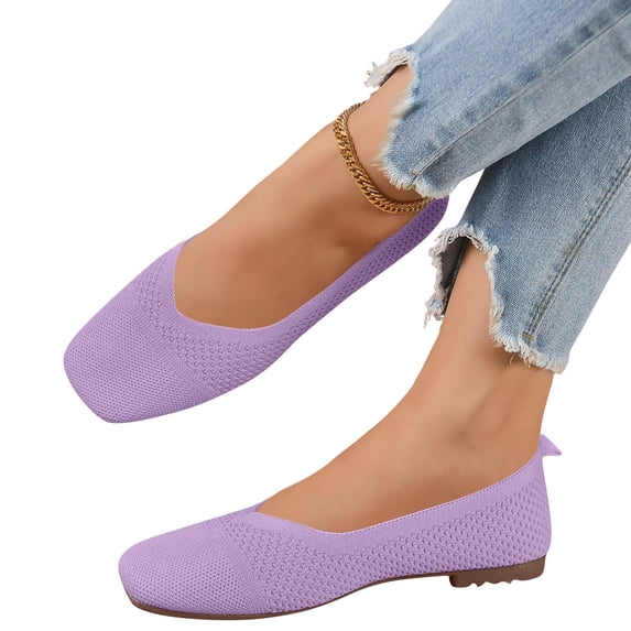 UDAUDU Women's Knit Ballet Flats Breathable Slip On Shoes Square Toe Business Casual Flats Comfortable Dressy Walking Shoes Purple 10 Wide
