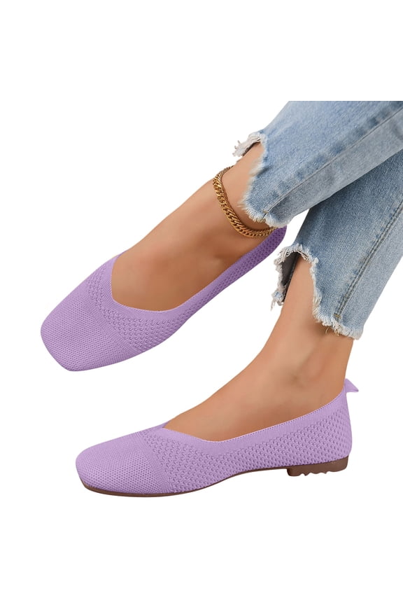 Women's Knit Ballet Flats Breathable Slip On Shoes Square Toe Business Casual Flats Comfortable Dressy Walking Shoes Purple 7 Wide
