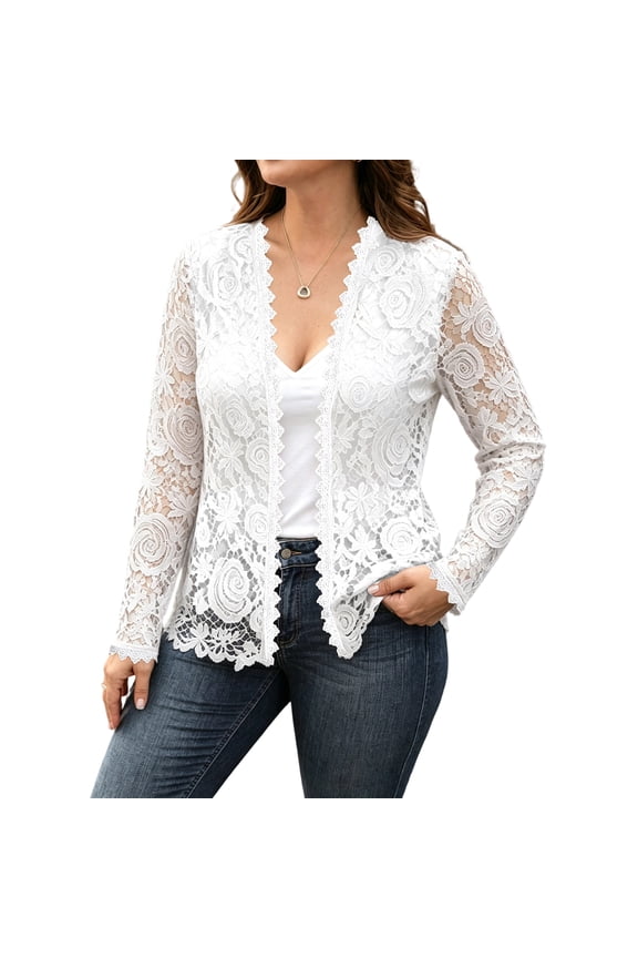Women's Lace Cardigan Long Sleeve Open Front Crochet Sheer Shrugs Floral Hollow Dressy Casual Trendy Coverups White S