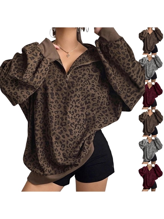 Women's Leopard Print Sweatshirt Oversized Quarter Zip Collar Long Sleeve 2026 Fall Fashion Pullover Tops XL