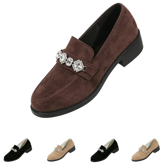 UDAUDU Women’s Loafers Rhinestone Buckle Suede Slip On Low-Heel Dress Shoes Elegant Block Heel Flats Work Office Walking Shoes Coffee