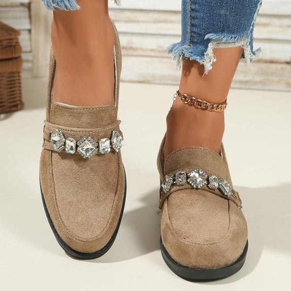 UDAUDU Women’s Loafers Rhinestone Buckle Suede Slip On Low-Heel Dress Shoes Elegant Block Heel Flats Work Office Walking Shoes Khaki