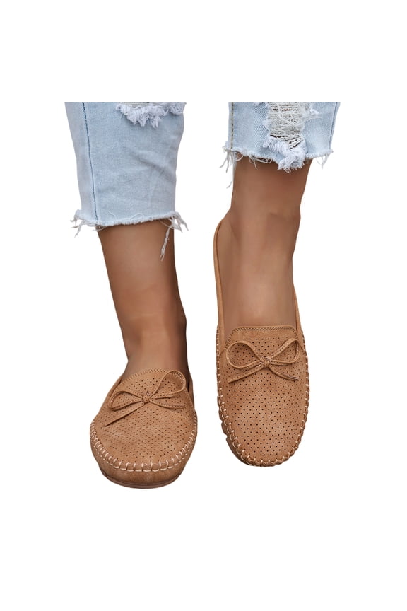 Women's Loafers Slip-On Mules Breathable Comfortable Round Toe Foldable Mesh Flats Casual Cute Bow Anti Slip Driving Office Mules Camel
