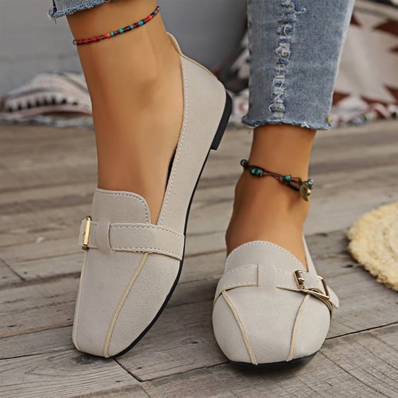 UDAUDU Women’s Loafers Square Buckle Faxu Suede Slip On Pointed Toe Flats Comfortable Casual Dress Office Work Walking Shoes Beige