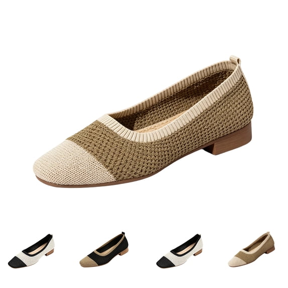 UDAUDU Women's Low Heel Pumps Color Block Knit Square Toe Slip On Comfortable Casual Dress Shoes for Women Beige 7 Wide
