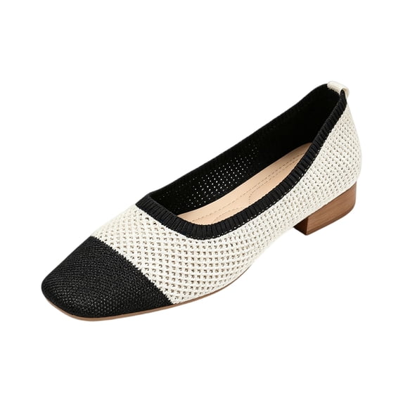UDAUDU Women's Low Heel Pumps Color Block Knit Square Toe Slip On Comfortable Casual Dress Shoes for Women Black 6.5 Wide