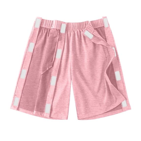 UDAUDU Women's Men's Tear Away Shorts Side Split Easy Full Open Post Surgery Breakaway Lounge Short Loose Fit Casual Hip Knee Ankle Replacement Magic Tape Athletic Shorts with Pockets Pink