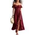 thumbnail image 1 of UDAUDU Women's Midi Dress 2026 Spring Summer Off The Shoulder Satin Wedding Guest Dresses Wrap Party Cocktail Formal Prom Dresses Wine M, 1 of 7
