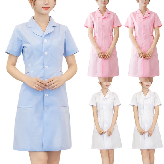 UDAUDU Women's Nurse Scrubs Dress Formal Lapel Neck Short Sleeve Cute Button Down Work Dress 2026 Comfy Nursing Uniform Blue 2XL