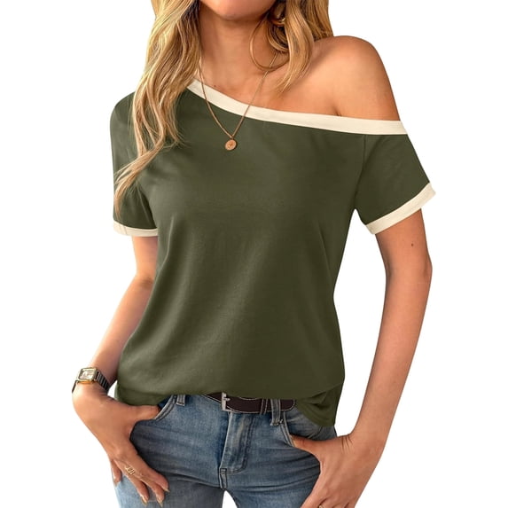 UDAUDU Women's Off The Shoulder Shirt Ringer Tshirts Short Sleeve Tops 2026 Summer Casual Loose Clothes Tunic Tops Army Green 3XL