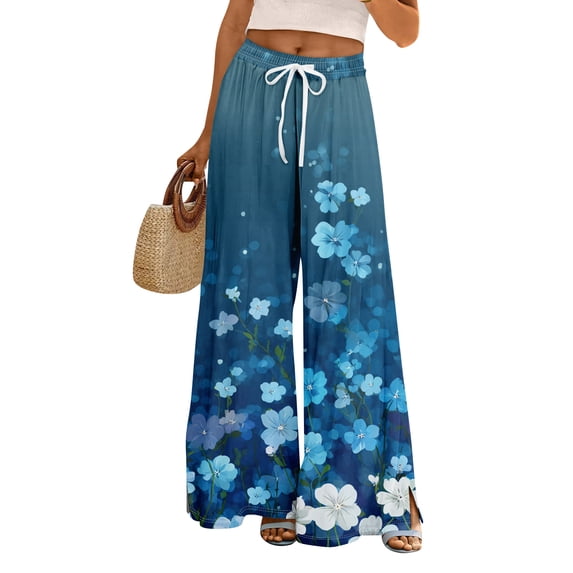UDAUDU Women's Palazzo Lounge Pants 2026 Summer Casual Wide Leg Pants High Waist Flowy Toursers with Pockets Dark Blue L