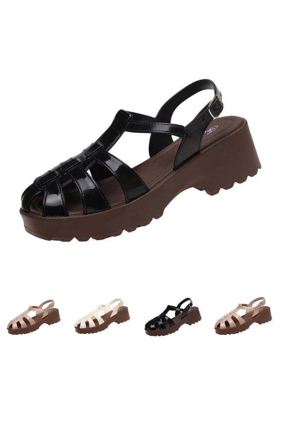 Women's Platform Wedge Sandals Closed Toe Woven T-Strap Adjustable Buckle Casual 2026 Summer Breathable Shoes Black 7 Wide