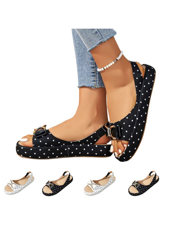 Women's Polka Dot Platform Wedge Sandals with Bow & Buckle Open Toe Slip On Slingback Casual Summer Walking Shoes Black US 8