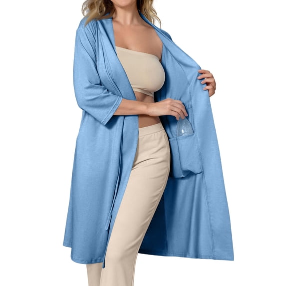 UDAUDU Women鈥檚 Post Surgery Robe 2026 Hospital Gown Drain Side Pockets 3/4 Sleeve Mastectomy Recovery Pajamas & Gift Sky Blue S