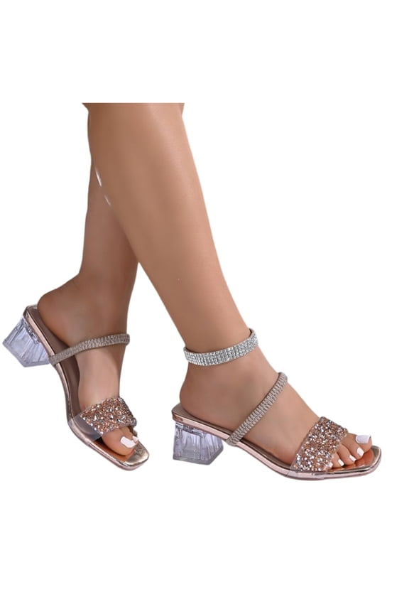 Women's Rhinestone Double Strap Clear Block Heel Slide Sandals Open Toe Slip On Party Summer Shoes Non Slip Wedding Guest Walking Shoes Champagne 6.5 Wide