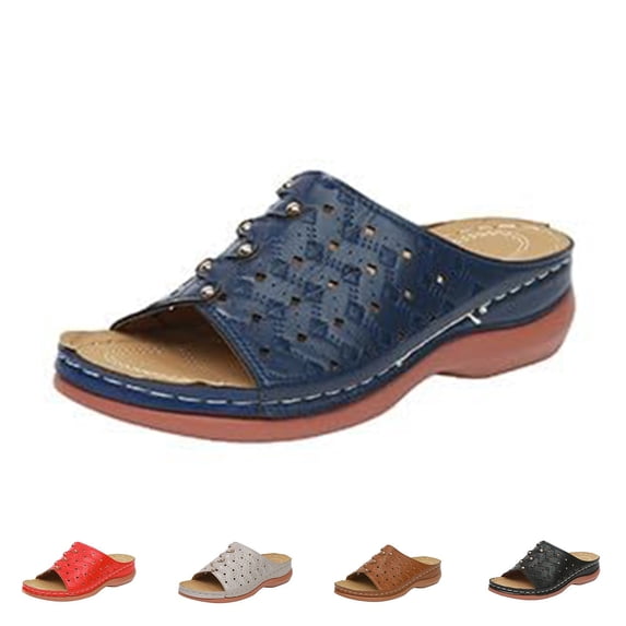 UDAUDU Women's Sandals Slides Wedge Open Toe Thick Sole Lightweight Slip Resistant Cozy Roman Style Beach Sandal Summer Walking Shoes Dark Blue 7 Wide