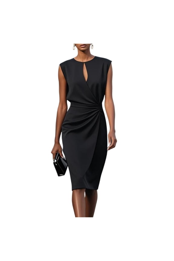 Women's Sheath Dress Keyhole Neck Pencil Work Sleeveless Professional Office Dresses Midi Wedding Guest Dress Black M