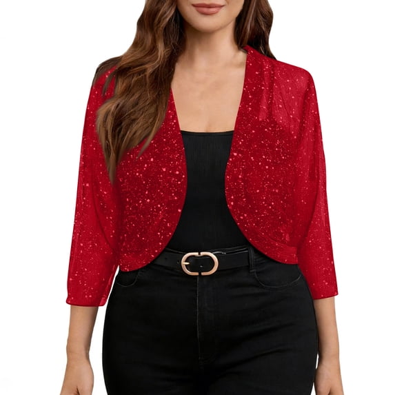 UDAUDU Women's Sheer Mesh Crop Tops Shrug 3/4 Sleeve Going Out Lightweight 2026 Spring Summer Cardigan Jacket Red XL