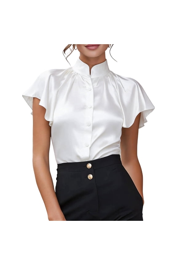 Women's Silk Satin Button Down Shirts Ruffle Short Sleeve Collar Blouses 2026 Summer Business Casual Work Office Tops White M