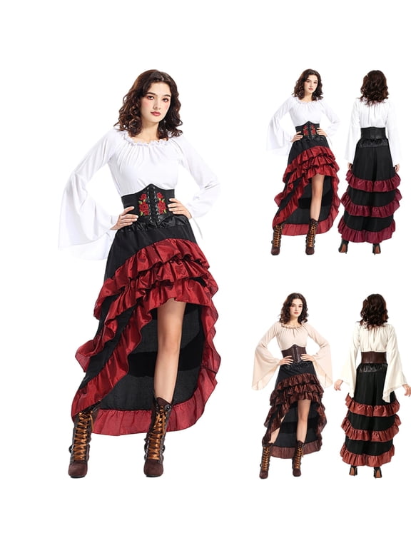 Women's Steampunk Dress Medieval Outfits Renaissance Victorian Bell Long Sleeve Blouse Irregular Ruffle High-Low Skirt Halloween Dress Pirate Cosplay with Corset Belt White M