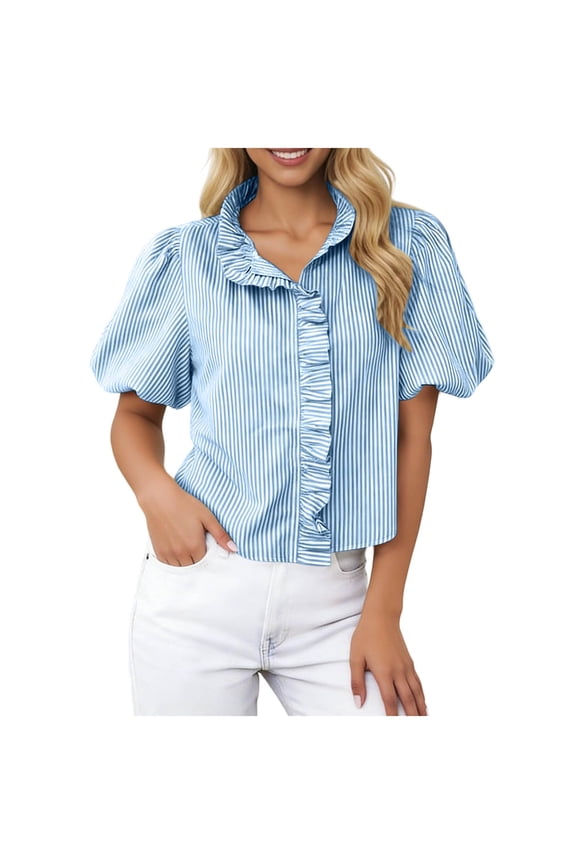 Women's Striped Blouse Puff Sleeve Ruffle Collar Button Up Shirt 2026 Fashion Balloon Sleeve Spring Summer Work Top Blue M