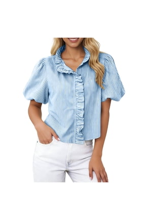 Women's Striped Blouse Puff Sleeve Ruffle Collar Button Up Shirt 2026 Fashion Balloon Sleeve Spring Summer Work Top Blue M