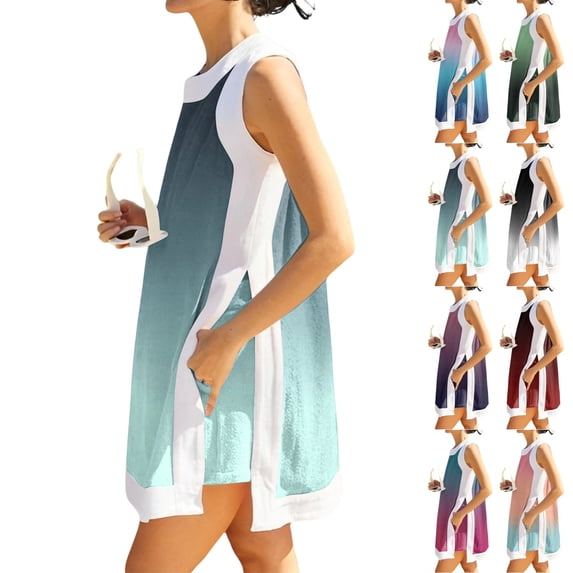 UDAUDU Women's Summer 2 Piece Outfits Gradient Boho Sleeveless Crew Neck Pullover Tops Lounge Set Tracksuit Casual Shorts Matching Sets with Pocket Cyan 2XL