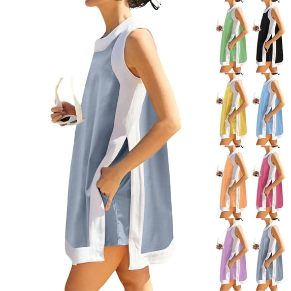UDAUDU Women's Summer 2 Piece Outfits Sleeveless Boho Summer Pullover Top Sets Lounge Set Tracksuit With Pockets Light Blue M