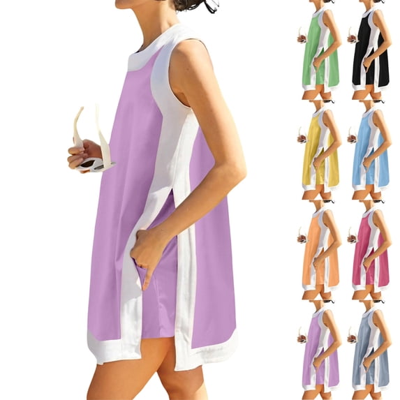 UDAUDU Women's Summer 2 Piece Outfits Sleeveless Boho Summer Pullover Top Sets Lounge Set Tracksuit With Pockets Purple M