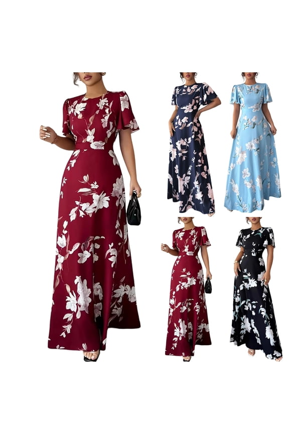 Women's Summer Dresses 2026 Floral Short Sleeve Maxi Dress Casual Crew Neck A-Line Boho Beach Church Sundress Wedding Guest Dress Red M