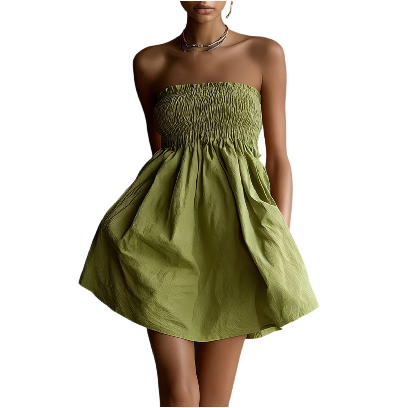 strapless dresses for graduation UDAUDU Women's Summer Dress 2026 Casual Off Shoulder A Line Swing Boho Beach Vacation Party Wedding Guest Short Green M promdress
