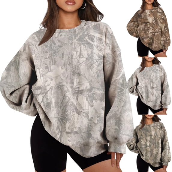 UDAUDU Women’s Sweatshirt Long Sleeve Camo Maple Leaf Crewneck Pullover Top Casual Shirt Fall Fashion Winter Clothes Gray XL
