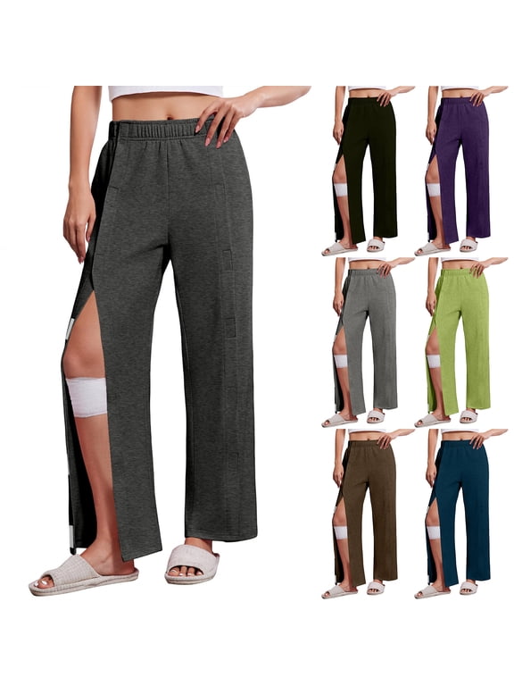 Women's Tear Away Pants Side Split Easy Full Open Post Surgery Breakaway Lounge Loose Fit Casual Recovery Hip Knee Ankle Long Magic Tape Pants with Pockets Dark Gray 2XL