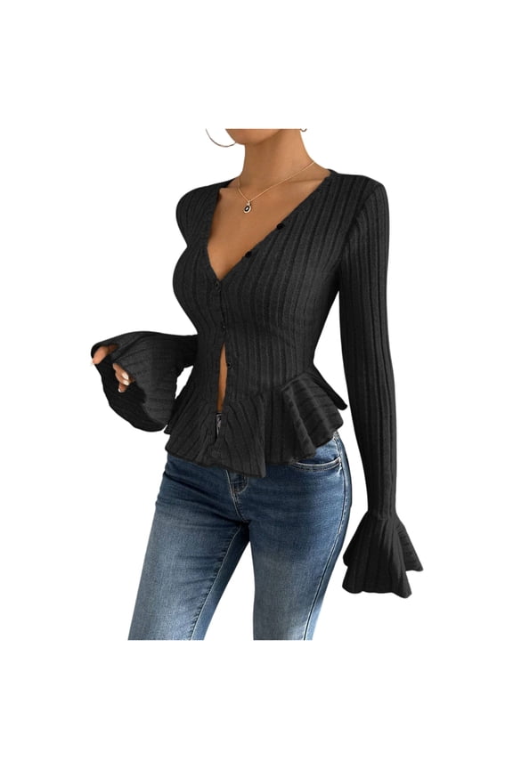 Women's V Neck Blouse Button Front Ribbed Knit Peplum Casual 2026 Fall Spring Trendy Slim Fit Ruffle Bell Sleeve Cardigan Sweater Black L