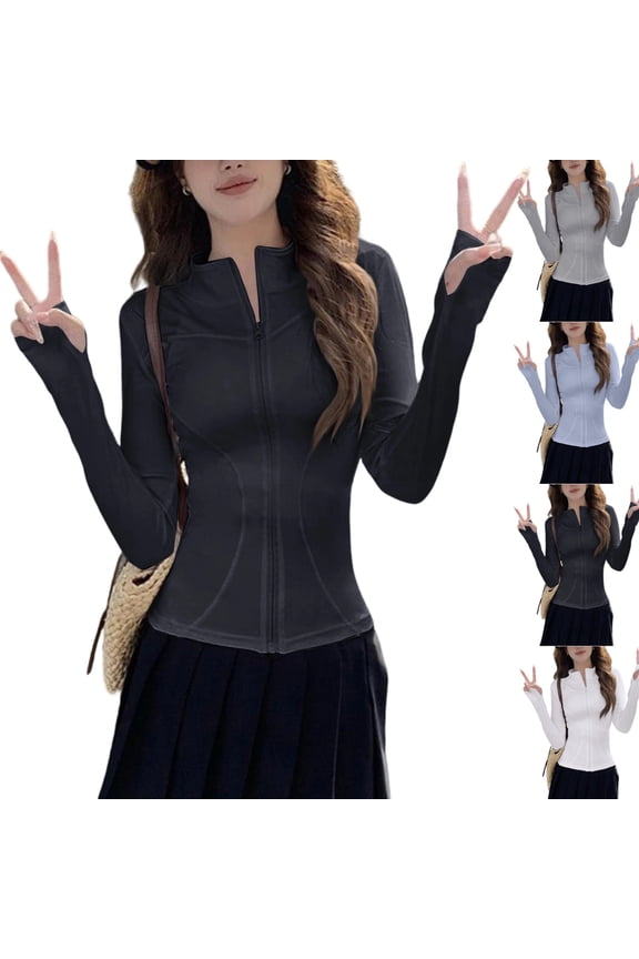 Women's Workout Full Zip Up Jacket Lightweight Athletic Jackets Cropped Slim Fit Running Yoga Tops with Thumb Holes Black 2XL