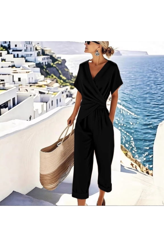 Womens 2 Piece Casual Set Wrap Front V Neck Short Sleeve Top & High Waist Cropped Pants Outfit Black L