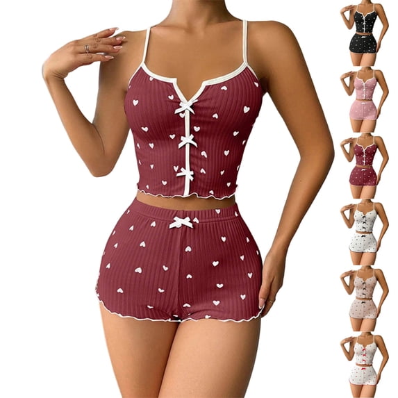 UDAUDU Womens 2 Piece Pajama Set Heart Print Cami Top and Shorts Lounge Pjs Set Cute Sleepwear Outfits XL