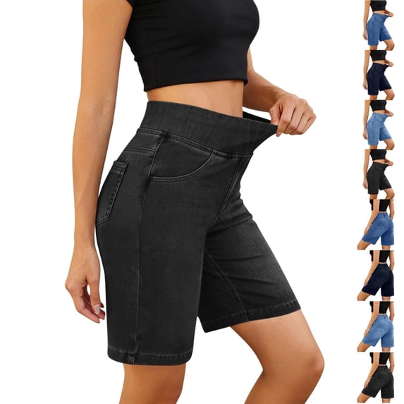 UDAUDU Womens Bermuda Jean Shorts High Waist Tummy Control Stretchy Pull On Knee Length Denim Shorts with Functional Pockets Black S