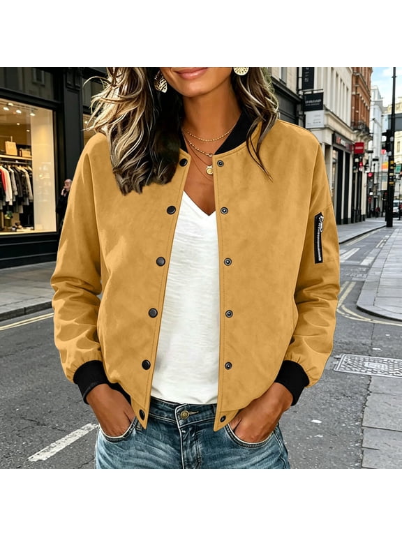 Womens Bomber Jacket Faux Suede Button Dowm Long Sleeve Stand Collar Jackets 2026 Fall Winter Coats with Pockets Gold S