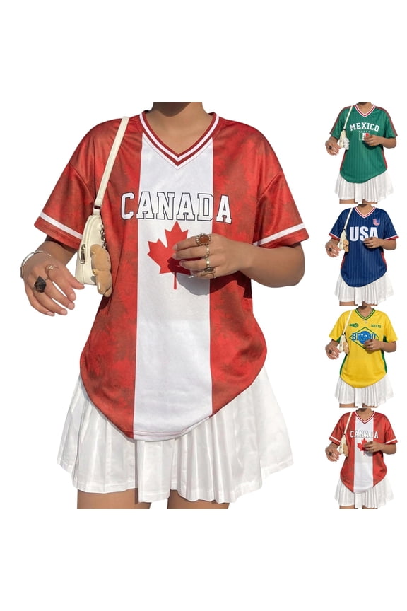 Womens Canada Jersey Canada Flag Graphic Short Sleeve T Shirts V Neck Tee Soft Trendy Jerseys for Women 2026 Football Shirts Watermelon Red 3XL