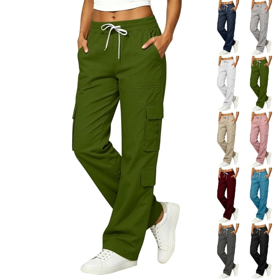 UDAUDU Womens Cargo Pants Elastic Waist Drawstring with Multi Pocket Wide Leg Casual Work Utility Parachute Hiking Track Pants L