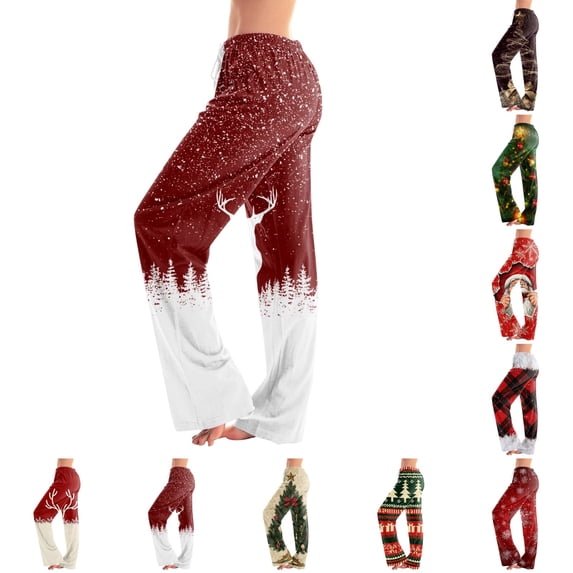 UDAUDU Womens Christmas Pajamas Pants Funny Christmas Graphic Wide Leg Lounge Pants Drawstring Stretch Holiday Fall Pajama Pants M