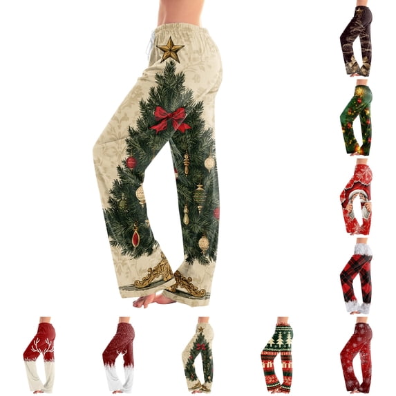 UDAUDU Womens Christmas Pajamas Pants Funny Christmas Print Wide Leg Lounge Pants Drawstring Stretch Casual Fall Pajama Pants S