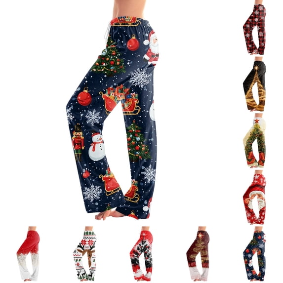 UDAUDU Womens Christmas Pajamas Pants Sleepwear Xmas Graphic Lounge Pants Drawstring Stretch Holiday Sleep Pants 2XL