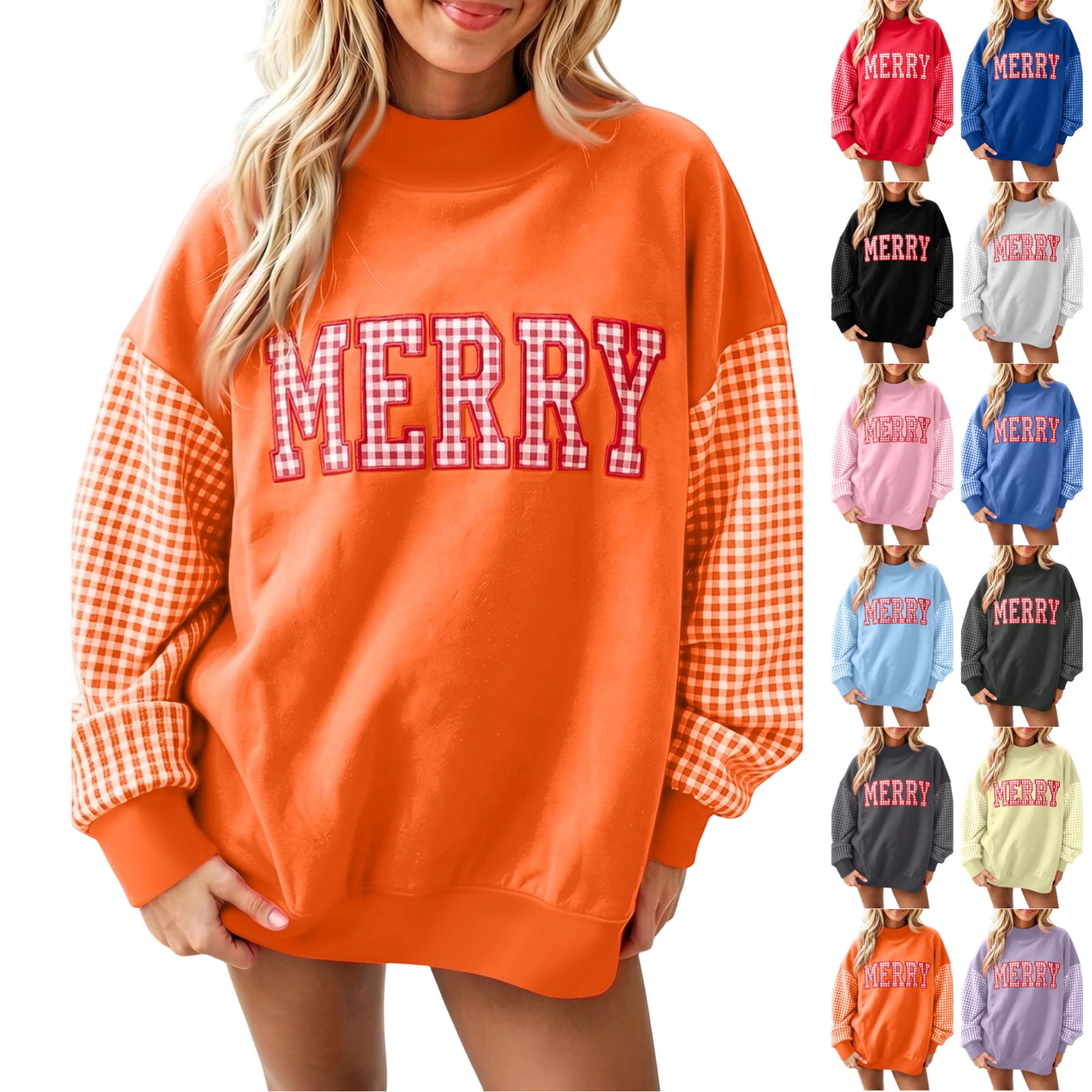 Womens Christmas Sweatshirt Merry Gingham Long Sleeve Pullover Tops Winter Xmas Mock Neck Shirt 2026 Holiday Plaid Letter Outifts L