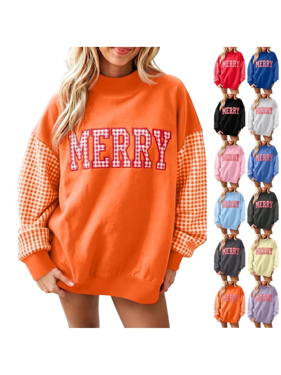 Womens Christmas Sweatshirt Merry Gingham Long Sleeve Pullover Tops Winter Xmas Mock Neck Shirt 2026 Holiday Plaid Letter Outifts L