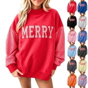 UDAUDU Womens Christmas Sweatshirt Merry Gingham Long Sleeve Pullover Tops Winter Xmas Mock Neck Shirt 2026 Holiday Plaid Letter Outifts M