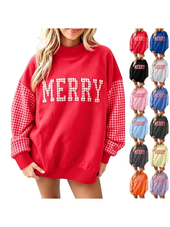 Womens Christmas Sweatshirt Merry Gingham Long Sleeve Pullover Tops Winter Xmas Mock Neck Shirt 2026 Holiday Plaid Letter Outifts XL